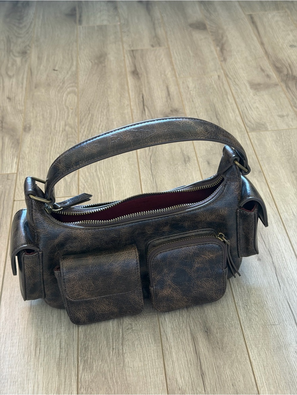 Brown Leather Shoulder Bag with Front Pockets